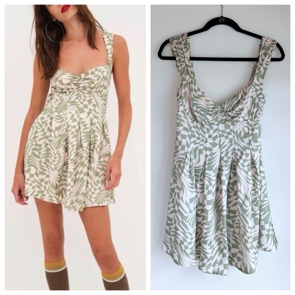 NEW For Love & Lemons August Bow Back Mini Dress in Distorted Check Pink & Green